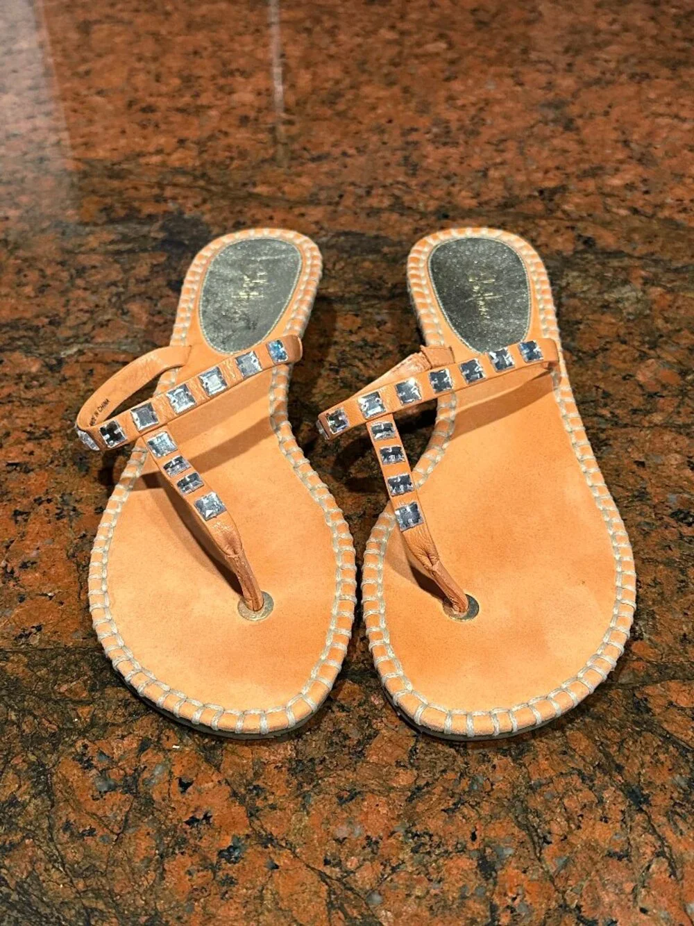 Cole Haan Kalla Thong Peach Leather T-Strap Rhinestone Accent Sandals, 8.5 M